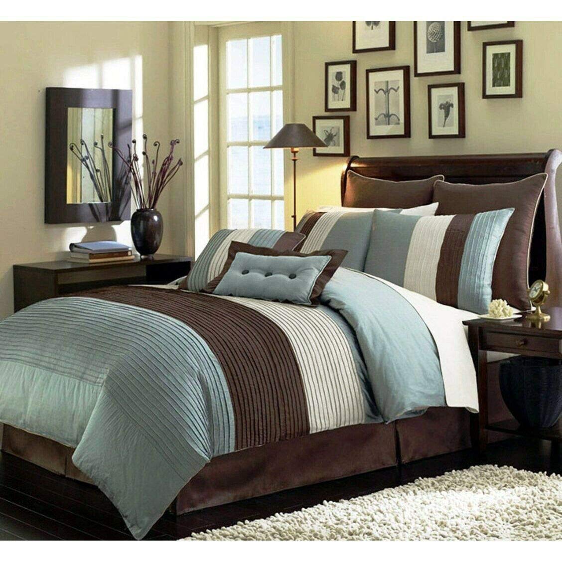 Chezmoi Collection 8-Piece Blue Brown Beige Pleated Stripe Comforter Set Full Size Bedding Set